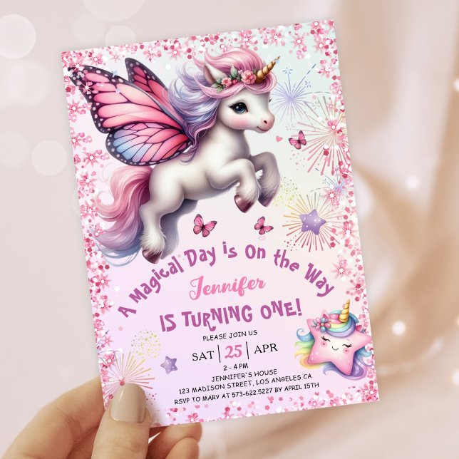 Convites Primeiro aniversario de Unicórnio, Roxo Rosa (#UnicornBirthdayInvitation #UnicornBirthdayInvitationTemplate #UnicornBirthdayInvitationEditable)