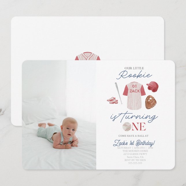 Convites Primeiro aniversario de Uniformes de Baseball Rook (Frente/Verso)