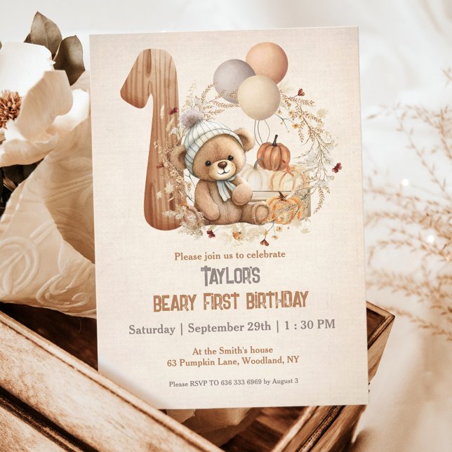 Convites Primeiro aniversario de Urso Cortado (Cute Teddy Bear Fall 1st Birthday Invitation, beary first Birthday)