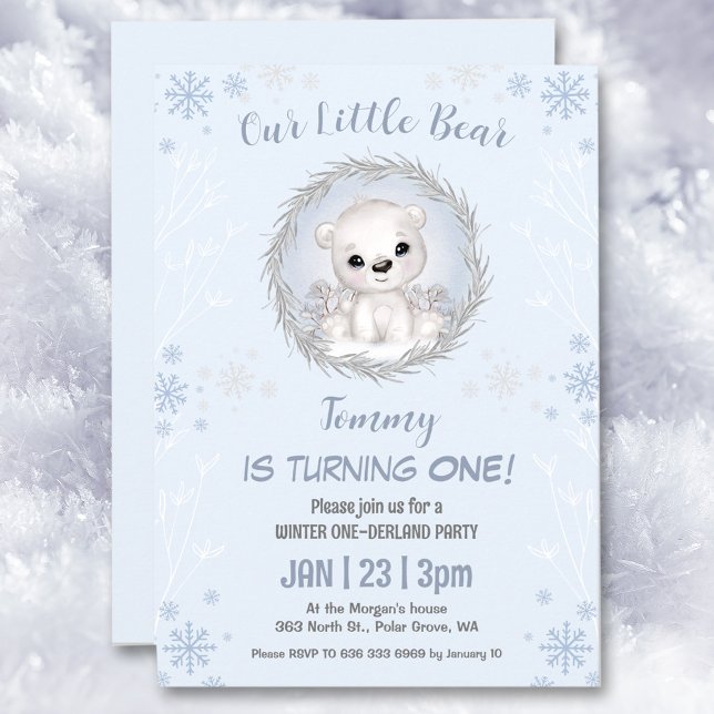 Convites Primeiro aniversario de Urso Polar Azul Onederland (Winter Onederland Blue Polar Bear 1st Birthday Invitation)