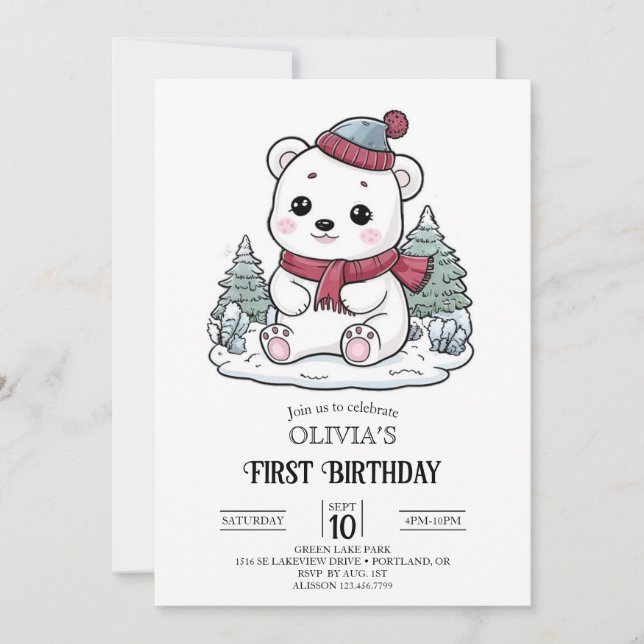 Convites primeiro aniversario de Urso Polar bonito de inver (Frente)