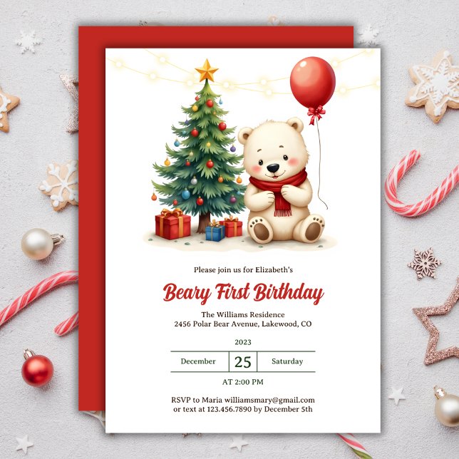 Convites Primeiro aniversario de Urso Polar Bonito de Natal (Cute Watercolor Polar Bear Christmas Beary 1st Birthday Invitation)