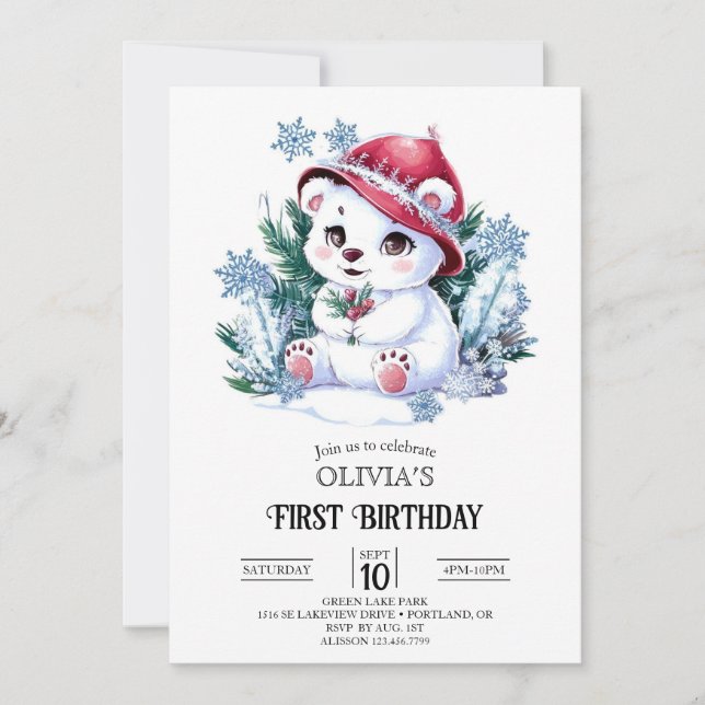 Convites Primeiro aniversario de Urso Polar Floco de Neve D (Frente)