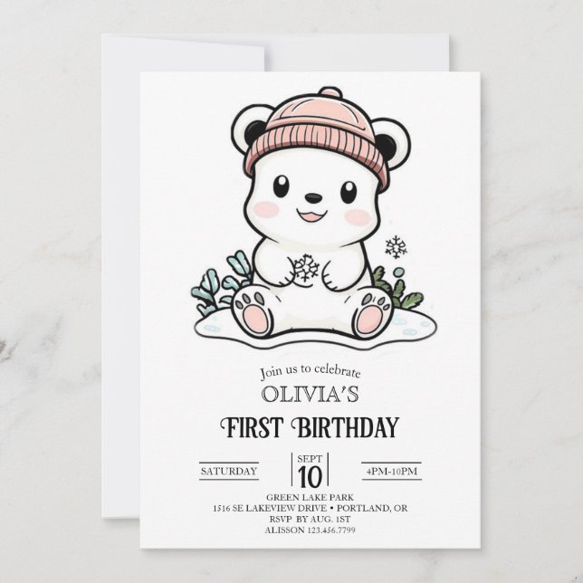 Convites Primeiro aniversario de Urso Polar Simples e Bonit (Frente)