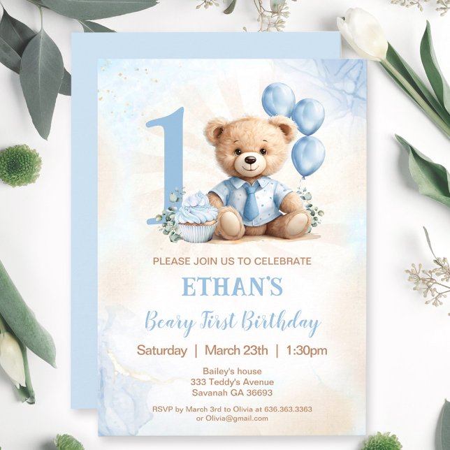 Convites Primeiro aniversario de Urso Teddy Chamada Balões  (Teddy Bear 1st Birthday Blue Balloons Invitation)