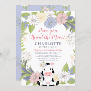 Convites Primeiro aniversario de Vaca Floral Wreath Girl