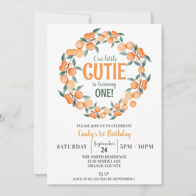 Convites Primeiro aniversario de Verão, Laranjas e Citros (Frente)