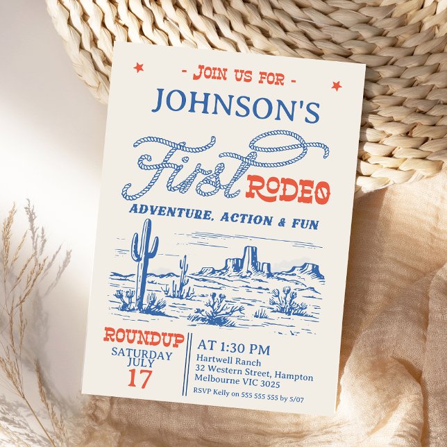 Convites Primeiro aniversario de Vintage Blue Western Deser (Boys First Rodeo Birthday Invitation, 1st Rodeo Birthday Invite, Western Cowboy 1st Birthday Desert)