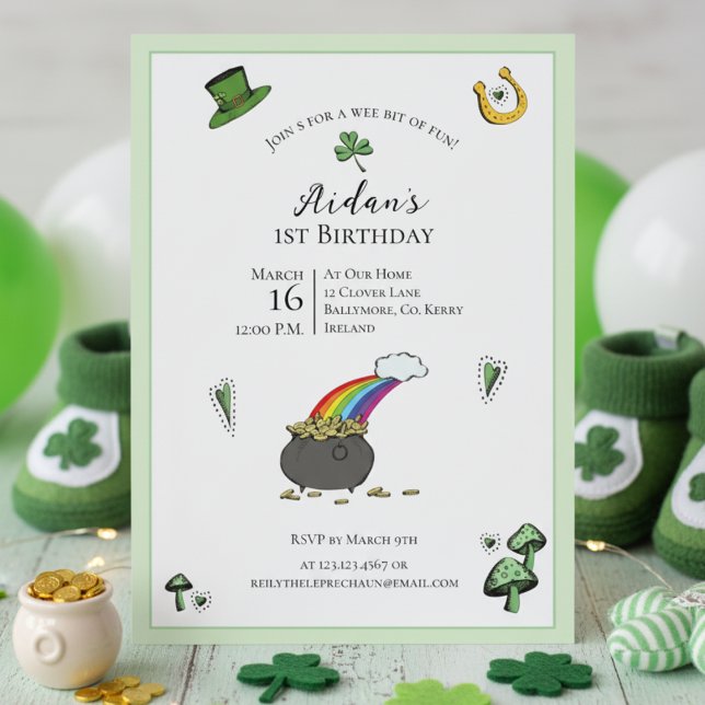 Convites primeiro aniversario Dia de São Patrício Verde arc (Irish First Birthday Rainbow Invite. Green Shamrock Pot of Gold St Patrick's Day 1st Birthday Party)