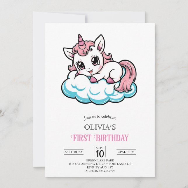 Convites Primeiro aniversario Digital Unicorn de Cartoon (Frente)