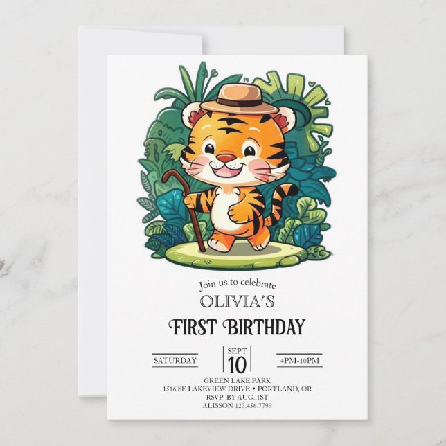 Convites Primeiro aniversario Digital Whimsic Jungle Tiger (Frente)