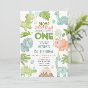 Convites Primeiro aniversario Dino Rawr Boy Chomp Dinosaur
