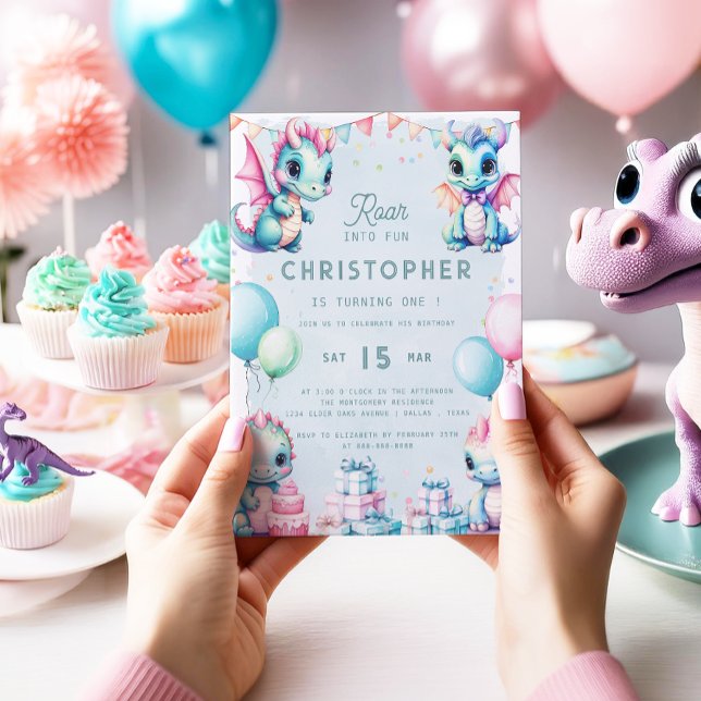 Convites Primeiro aniversario Dinossauro Pastel Cute Dino D (Criador carregado)