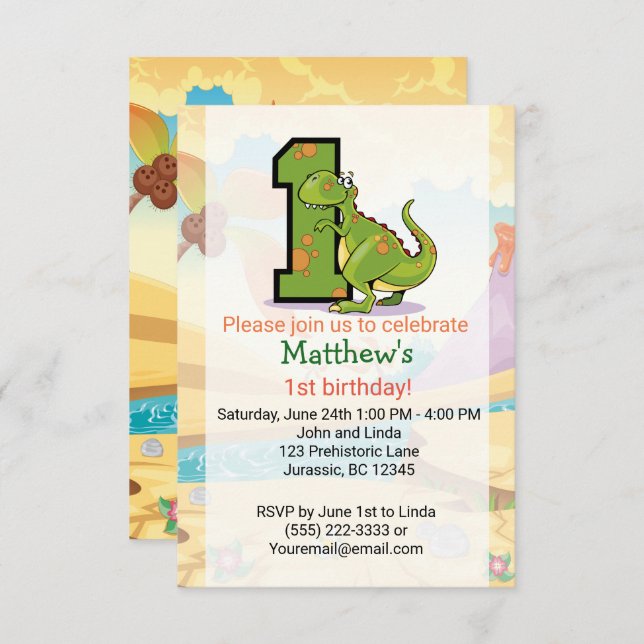 Convites Primeiro aniversario Dinossauro Personalizado (Frente/Verso)