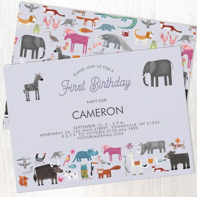Convites Primeiro Aniversário do Animal (Fun animal menagerie personalized custom kid's first birthday invitation)