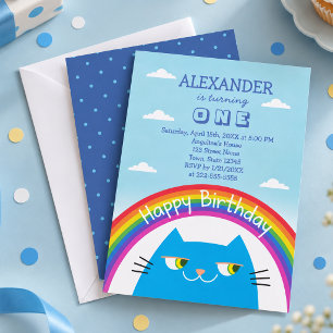 Convites Primeiro Aniversário do Arco-Íris do Gato Azul