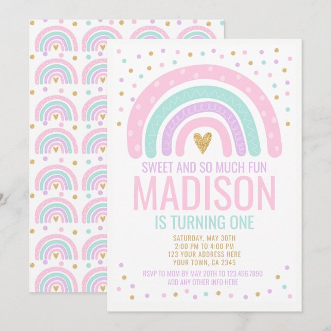 Convites Primeiro Aniversário do Arco-Íris Moderno (Frente/Verso)