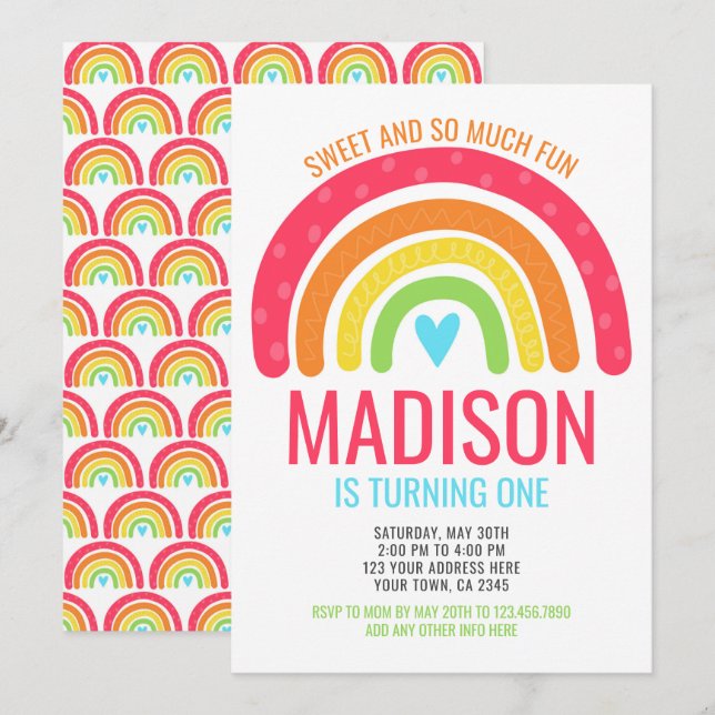 Convites Primeiro Aniversário do Arco-Íris Moderno (Frente/Verso)