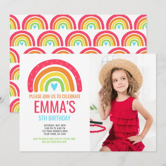 Convites Primeiro Aniversário do Arco-Íris Moderno (Frente/Verso)