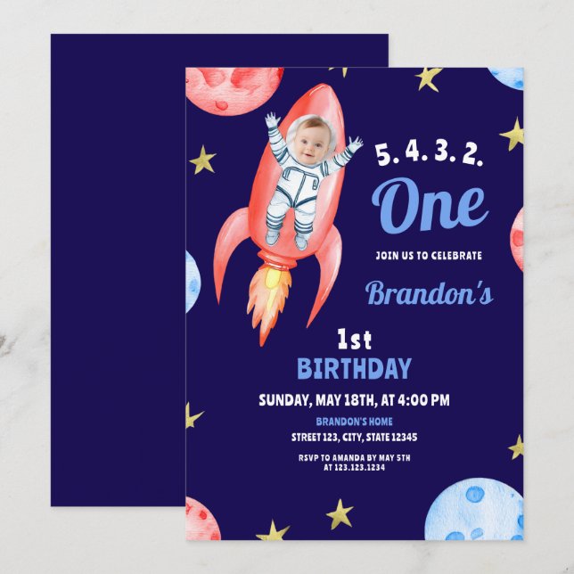 Convites Primeiro aniversario do Astronauta do Foguete do E (Frente/Verso)