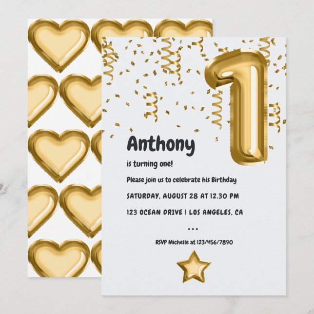 Convites Primeiro aniversario do Balão de Folha de Ouro Fau (Frente/Verso)