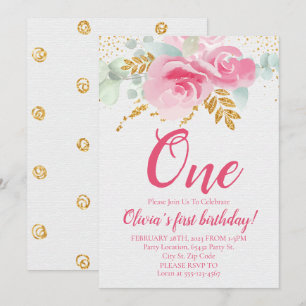 Convites Primeiro Aniversário do Bebê Floral Rosa-Blush