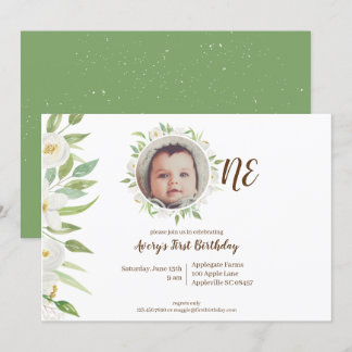 Convites Primeiro aniversario do Bebê Floral Verde e Branco