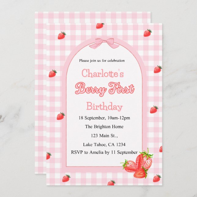 Convites Primeiro Aniversário do Berry Rosa (Frente/Verso)