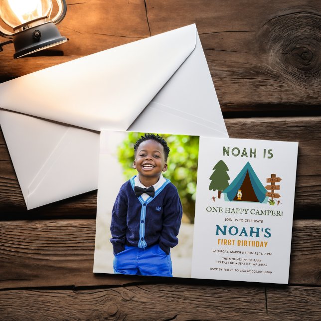 Convites Primeiro Aniversário do Camper Photo Boys (One Happy Camper Photo Boys First Birthday Invitation)