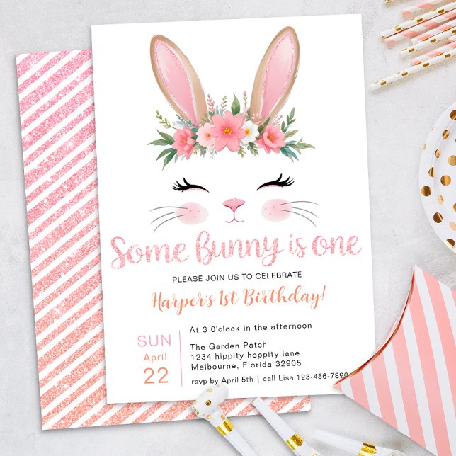 Convites Primeiro Aniversário do Coelhinho Floral Rosa (Some Bunny is One Birthday Invite)