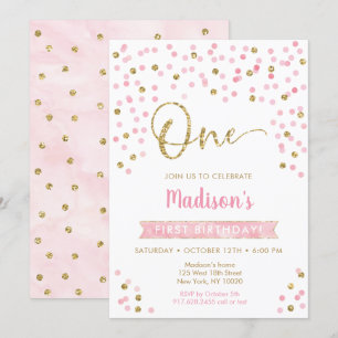 Convites Primeiro Aniversário do Confetti Dourado Rosa