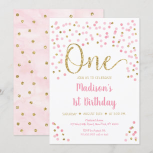 Convites Primeiro Aniversário do Confetti Dourado Rosa