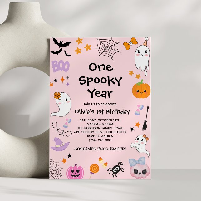 Convites Primeiro aniversario do Dia das Bruxas Fantasmas R (Pink One Spooky Year Ghost Halloween 1st Birthday Invitation )