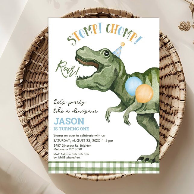 Convites Primeiro aniversario do Dinossauro do Chomp Roar B (Stomp Chomp Roar Party Like A Dinosaur Birthday Invitation Template, Dinosaur Themed 1st Birthday )