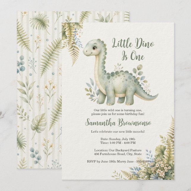 Convites Primeiro Aniversário do Dinossauro Samambaia (Frente/Verso)