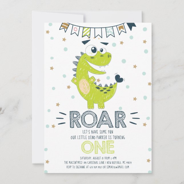 Convites Primeiro Aniversário do Dinossauro Verde da ROAR (Frente)