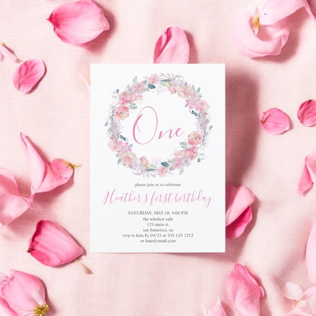 Convites Primeiro Aniversário do Floral Cor-de-Rosa-Blush (Criador carregado)