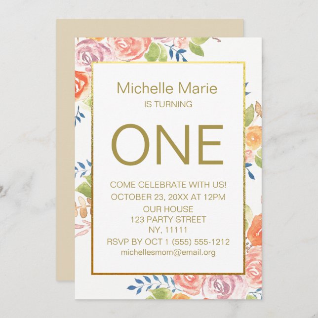 Convites Primeiro Aniversário do Floral de Dourada Aquarela (Frente/Verso)