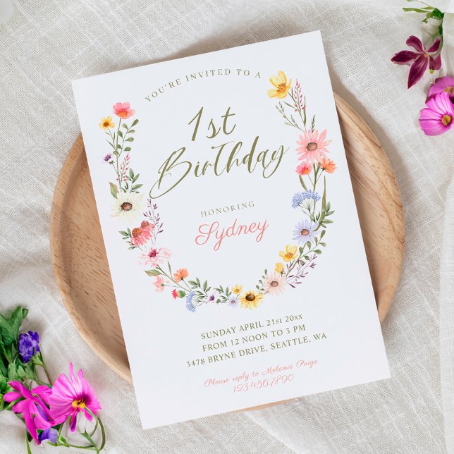 Convites primeiro aniversario do Jardim Florestal (1st Birthday Garden Party Wildflower Watercolor Invitation)