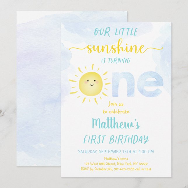 Convites Primeiro Aniversário do Little Sunshine Boy (Frente/Verso)