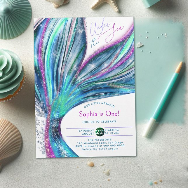 Convites Primeiro aniversario do Mar Glitter Iridescente da (mermaid birthday invitation 1st under sea onederful girl party holographic glitter cute watercolor)