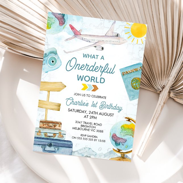 Convites Primeiro aniversario do Mundo Maravilhoso da Viage (Travel Themed What A Onederful World 1st Birthday Invitation Boy, Wonderful Themed Invite Boy, Plane)