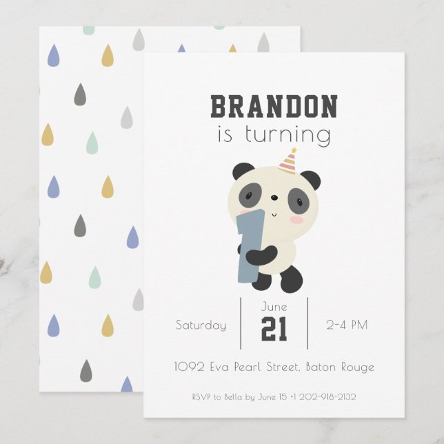Convites Primeiro Aniversário do Panda Cute Personalizável (Frente/Verso)