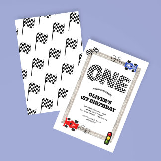 Convites Primeiro aniversario do Race Car Checker Flag Boy