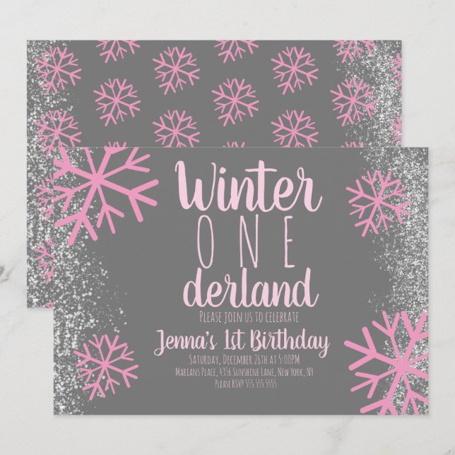 Convites Primeiro Aniversário do Snowflake Snowy Script Ros (Frente/Verso)