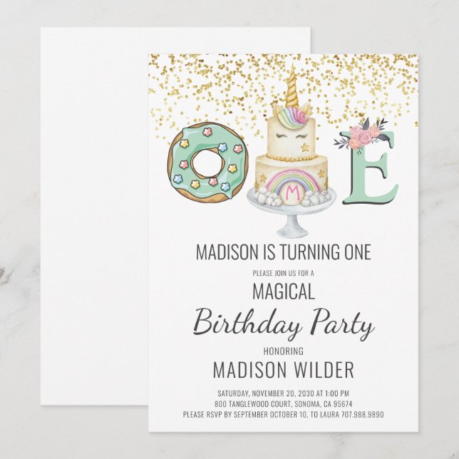 Convites Primeiro aniversario do Unicórnio Dourado Aqua Bra (Frente/Verso)