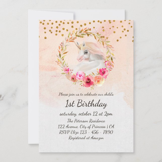 Convites Primeiro Aniversário do Unicórnio Dourado Glitter  (Frente)