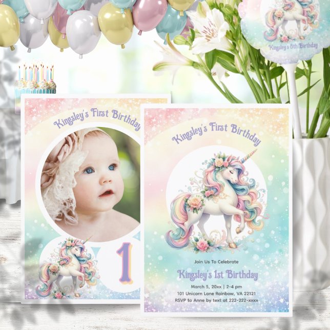 Convites Primeiro aniversário do Unicórnio Foto do Rainbow  (First Birthday Unicorn Photo Rainbow Pastel Party Invitation)