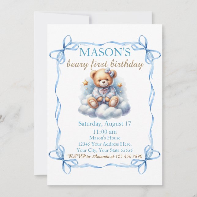 Convites Primeiro Aniversário do Urso Colorido do Balão (Frente)