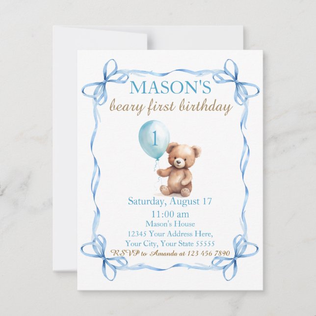 Convites Primeiro Aniversário do Urso Colorido do Balão (Frente)